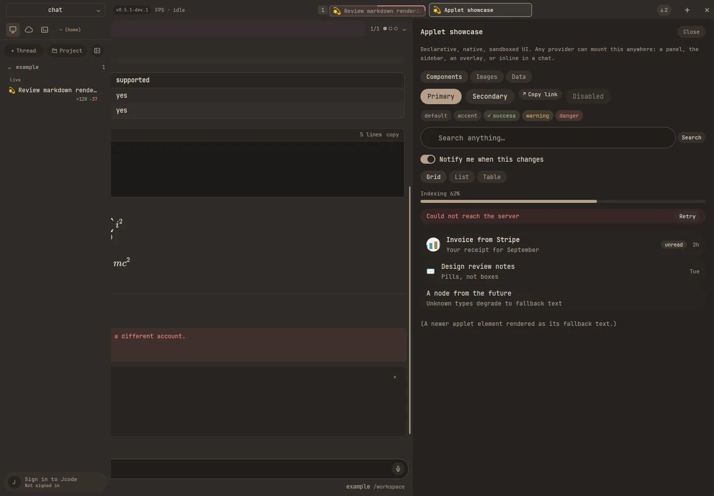 An applet showcase rendering native buttons, inputs, toggles, and lists beside a chat