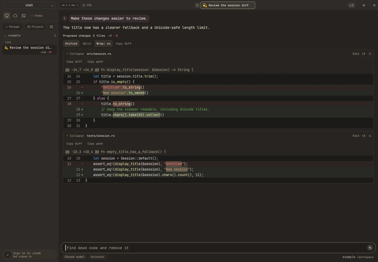 Proposed changes rendered as a syntax-highlighted diff with copy and collapse controls
