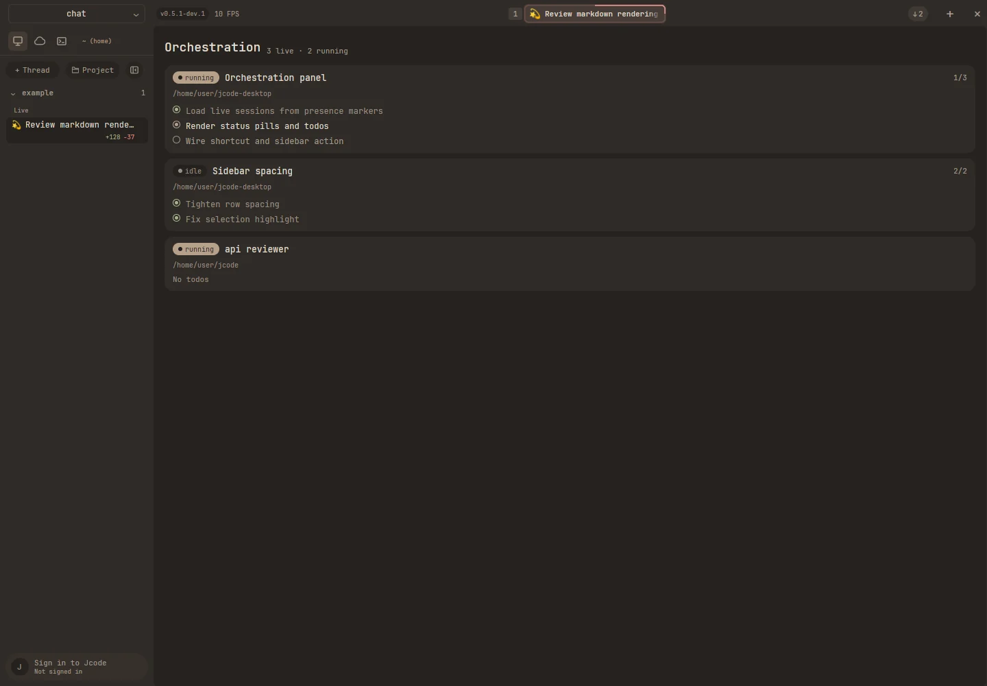 An orchestration panel listing live sessions with their status and todos