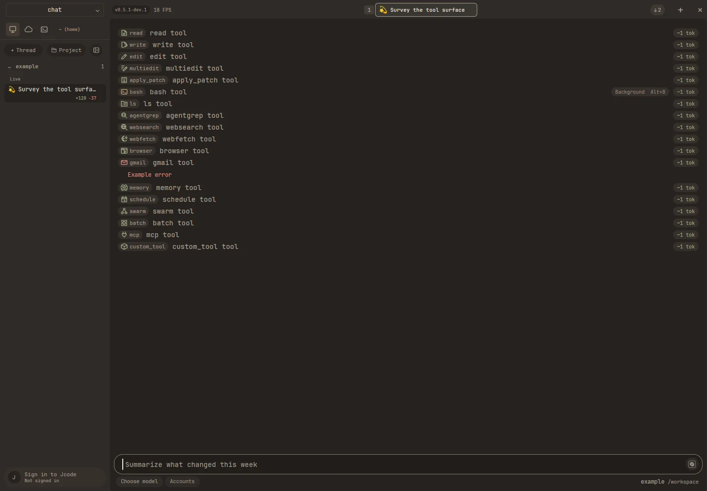 Tool calls listed with icons and token costs