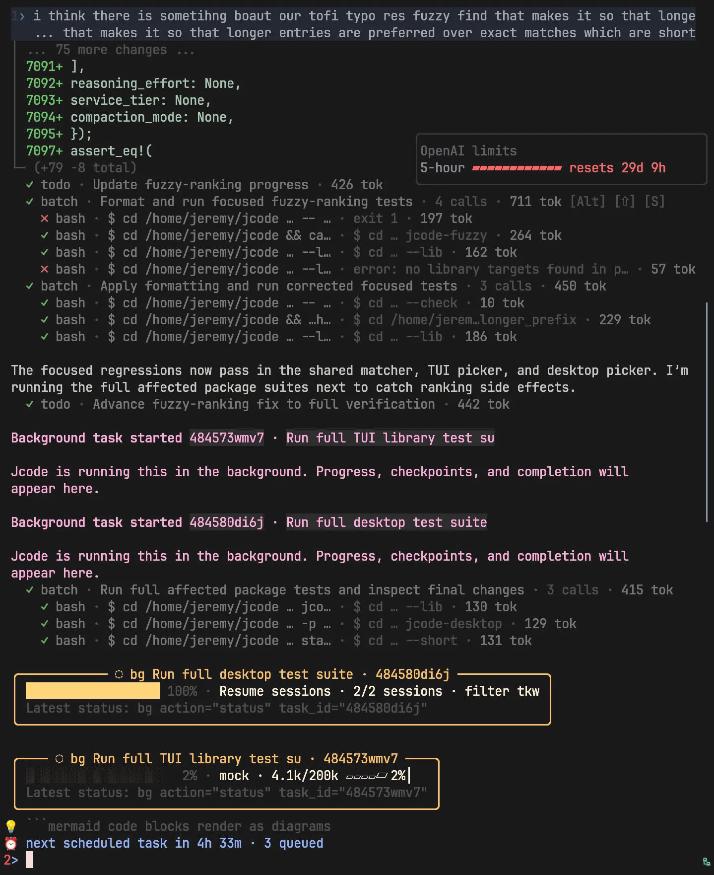 Jcode displaying live progress for a command running as a background task