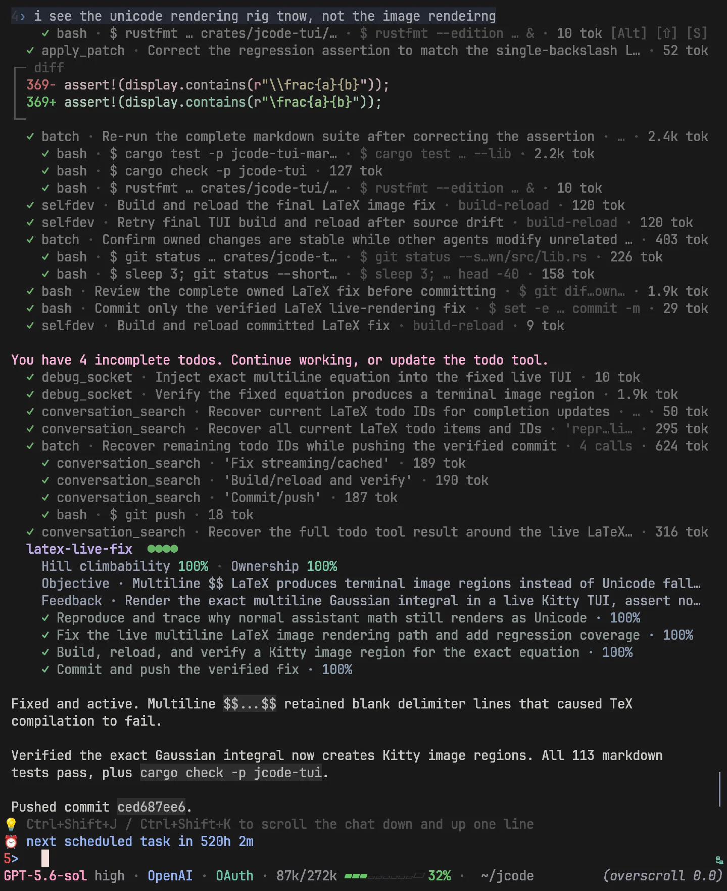 Jcode showing a completed todo list with confidence scores in the terminal