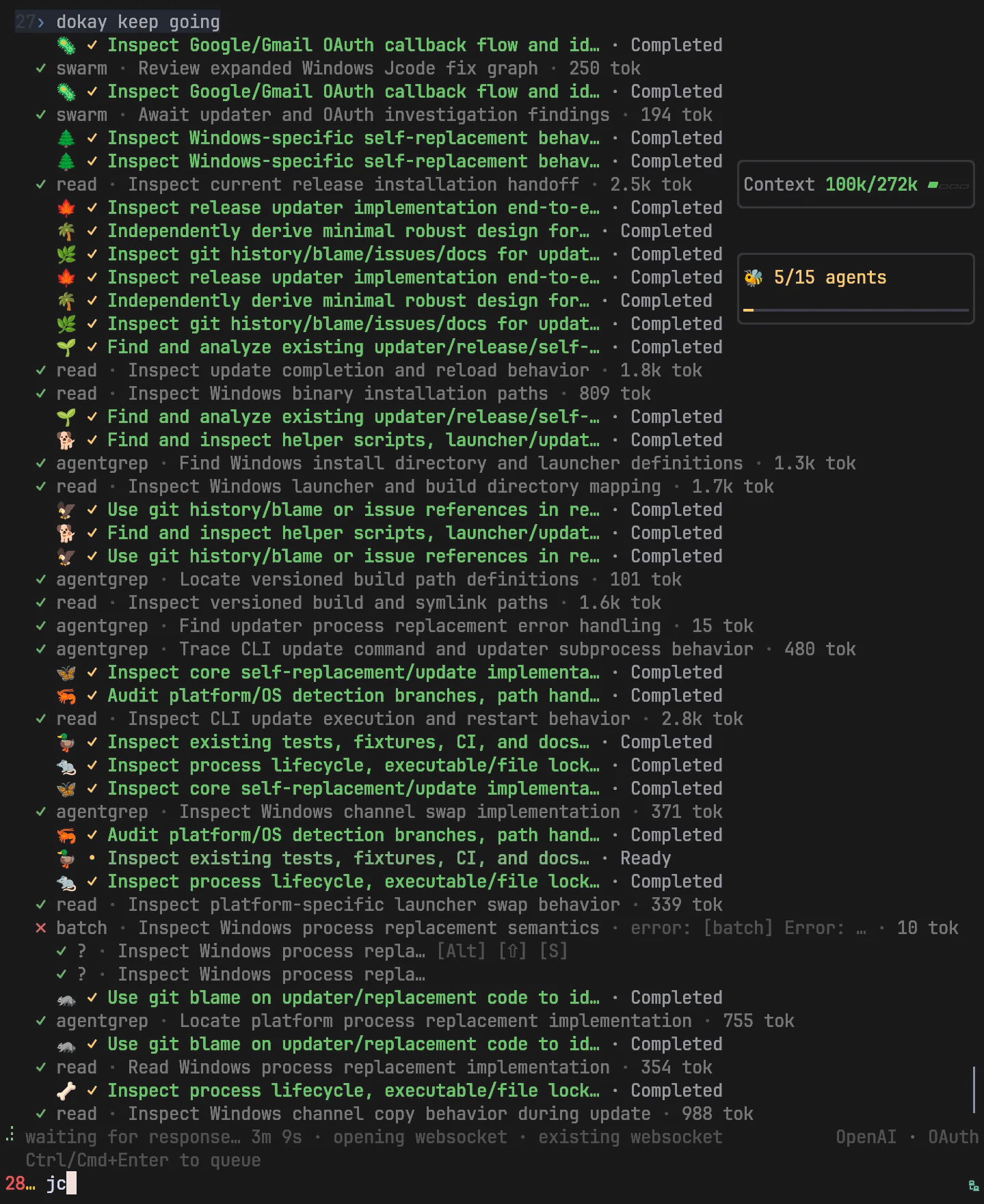 Jcode coordinating a deep swarm of agents investigating Windows updater and OAuth behavior