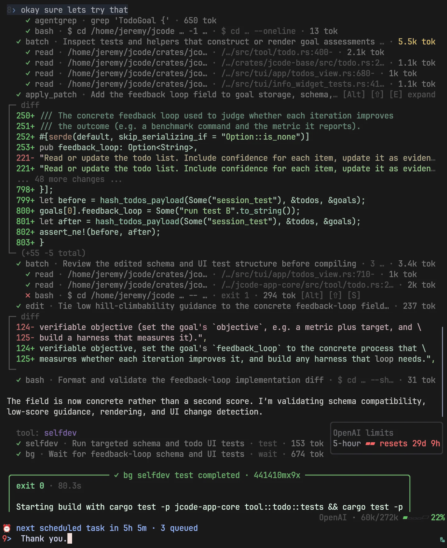 Jcode displaying a structured edit block in a terminal session