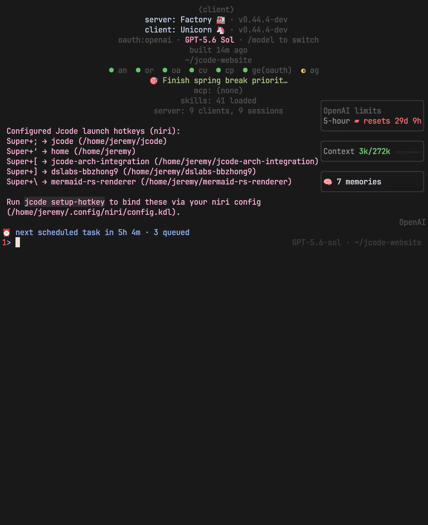 A clean new Jcode terminal session ready for a prompt