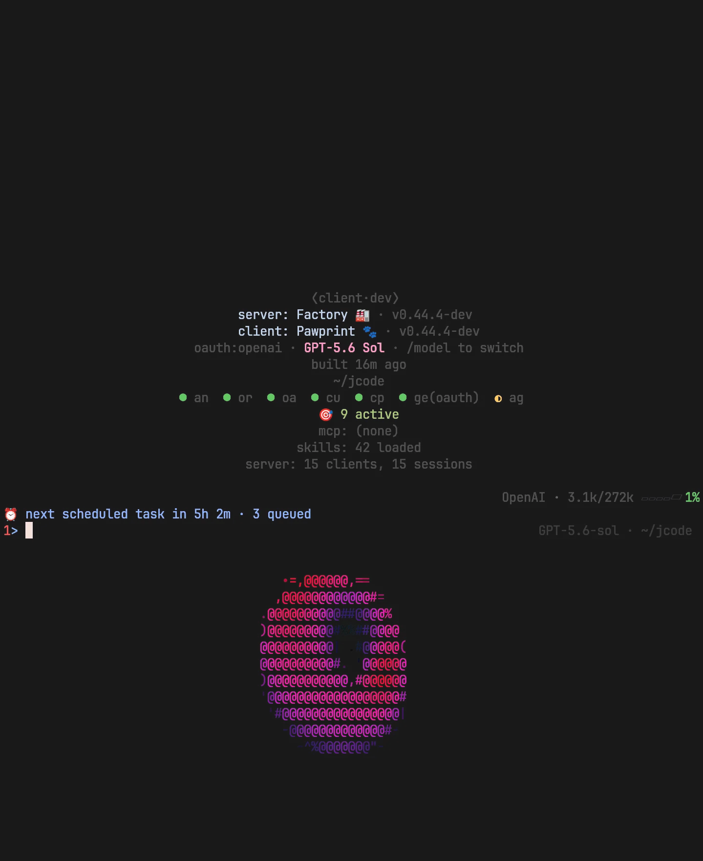 Jcode terminal session showing its idle animation