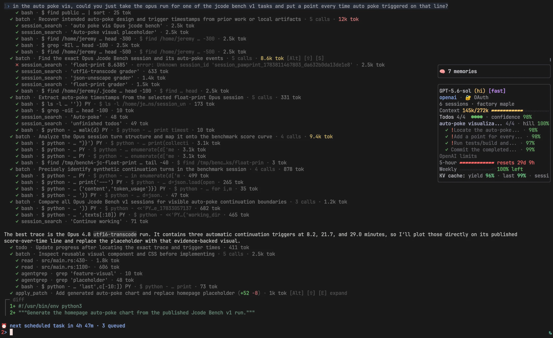 Jcode displaying status and information widgets beside an active terminal session