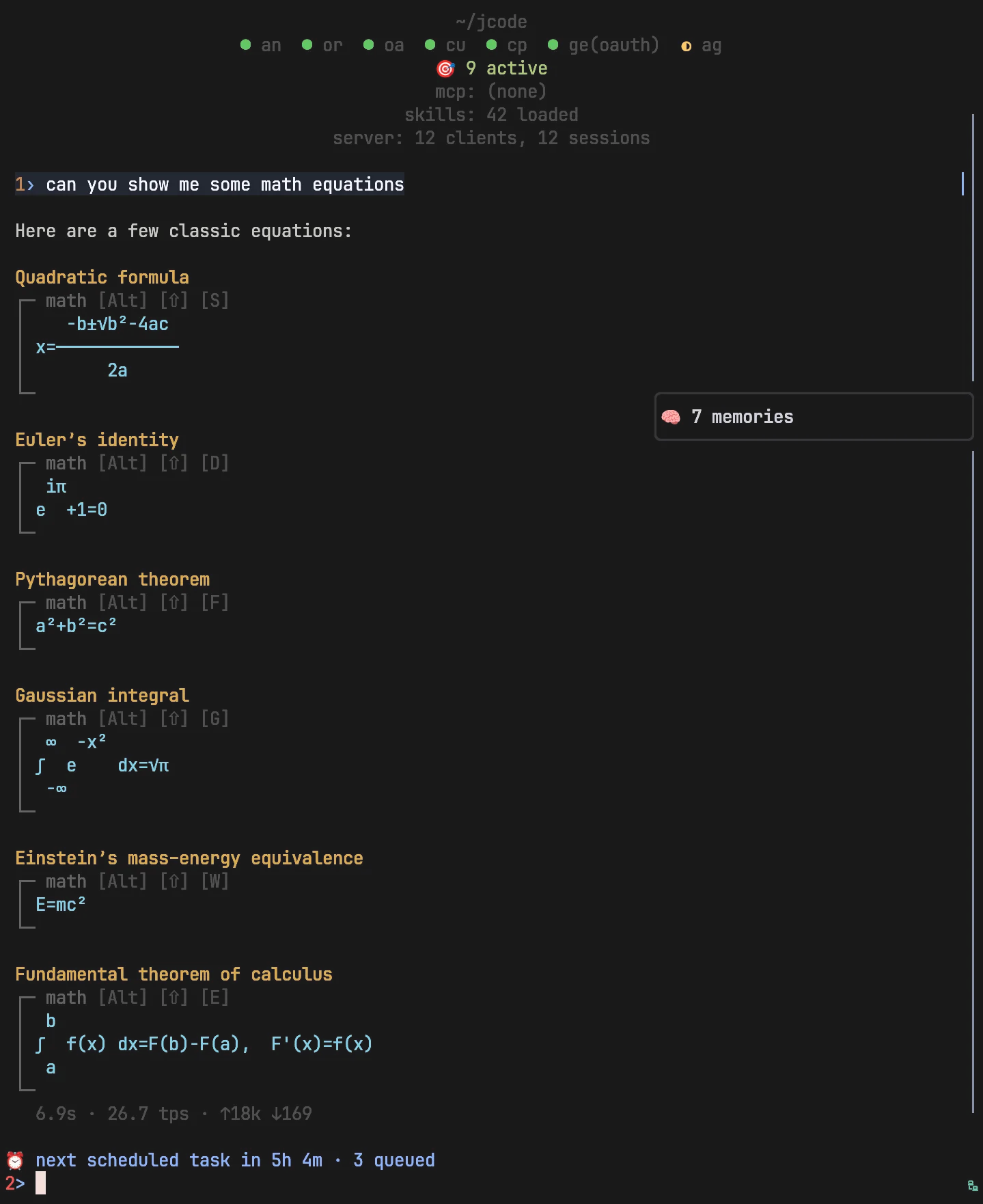 Jcode rendering LaTeX mathematics inline in the terminal