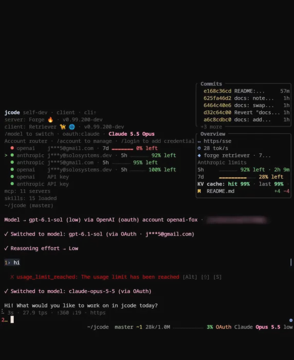 Jcode account router falling back from an OpenAI account at its usage limit to Claude automatically