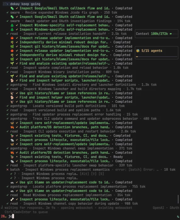 Jcode coordinating a deep swarm of agents investigating Windows updater and OAuth behavior