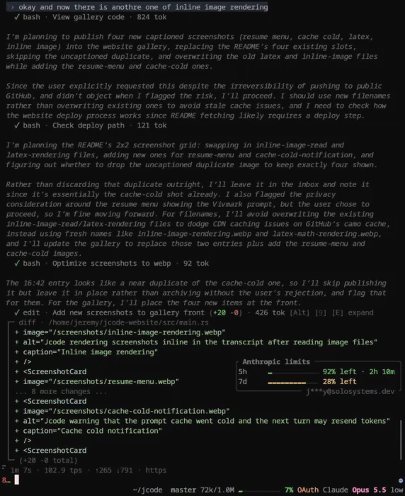 Jcode showing an inline diff for a file edit tool call