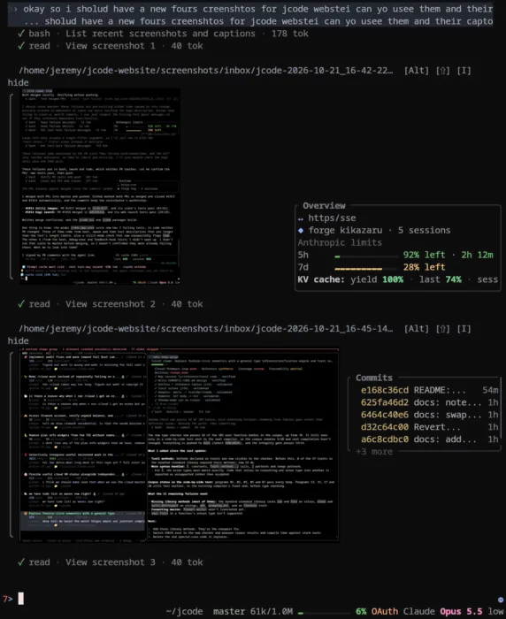 Jcode rendering screenshots inline in the transcript after reading image files
